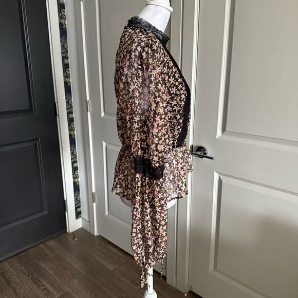 TOPSHOP Black Floral and Lace Long Sleeve Boho Flower Child Blouse Size 8 - Picture 5 of 8